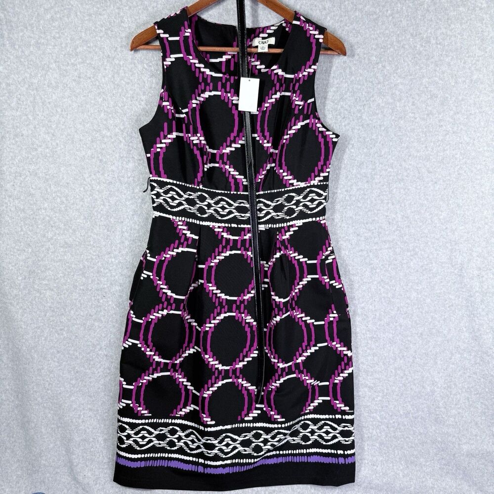 Cato Geometric Sheath Dress Women 8 Black Purple Belted Sleeveless Round Neck